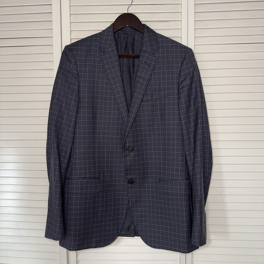 Gucci Mens 40R L Navy 100% Wool Check Suit Jacket Blazer 2 Button 622U06 Italy